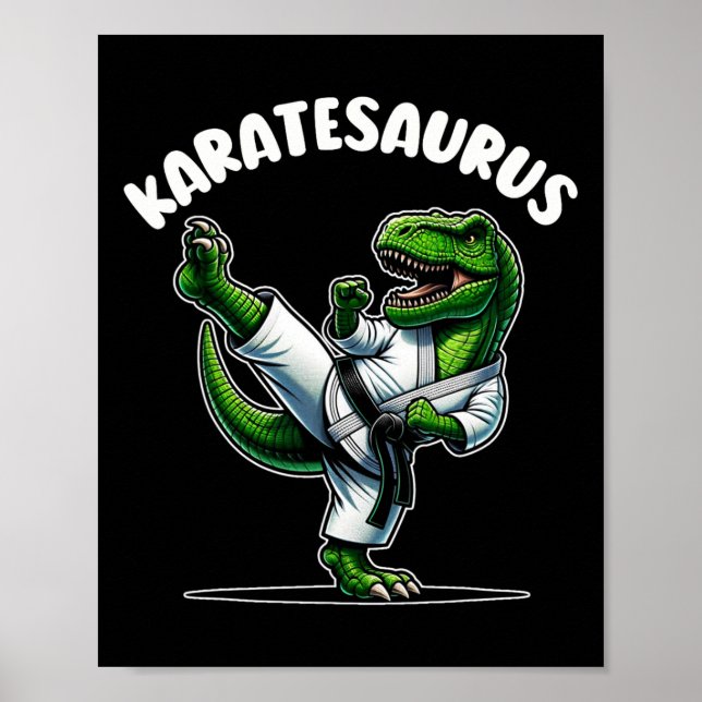 Poster Funny Karatesaurus Dinossaur T Rex Em Karate Gi Bl (Frente)