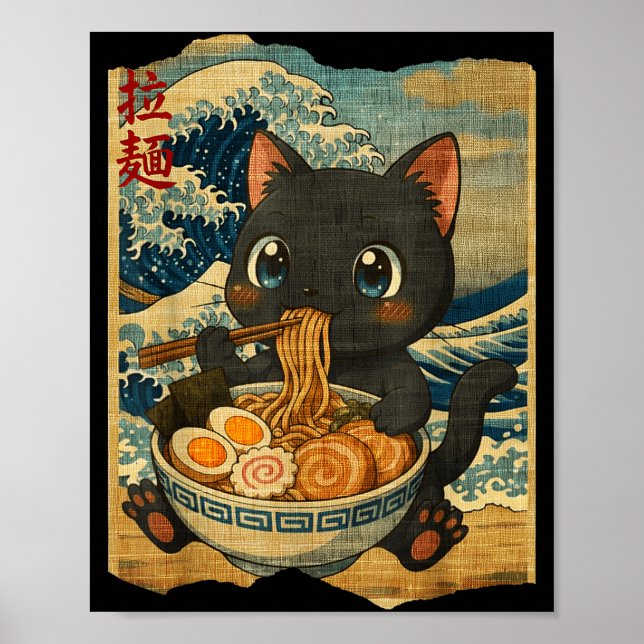 Poster Funny Kawaii Black Cat Ramen Noodle Bowl Japanese  (Frente)