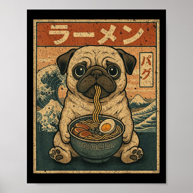 Poster Funny Kawaii Ramen Pug Noodles Japoneses Pug Comen (Frente)