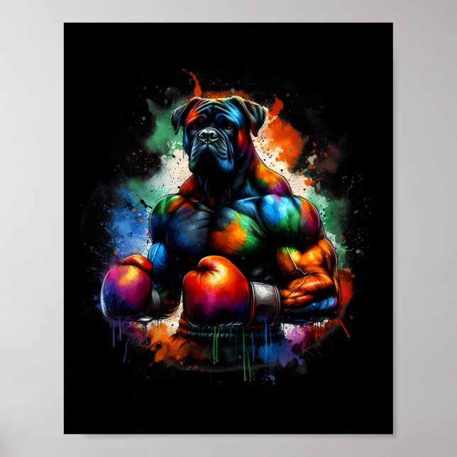 Poster Funny Kickboxing Or Boxing Boxer Dog Paint Splash  (Frente)