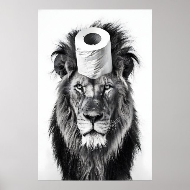 Poster Funny Lion Bathroom Art Print, Toilet Paper Roll (Frente)