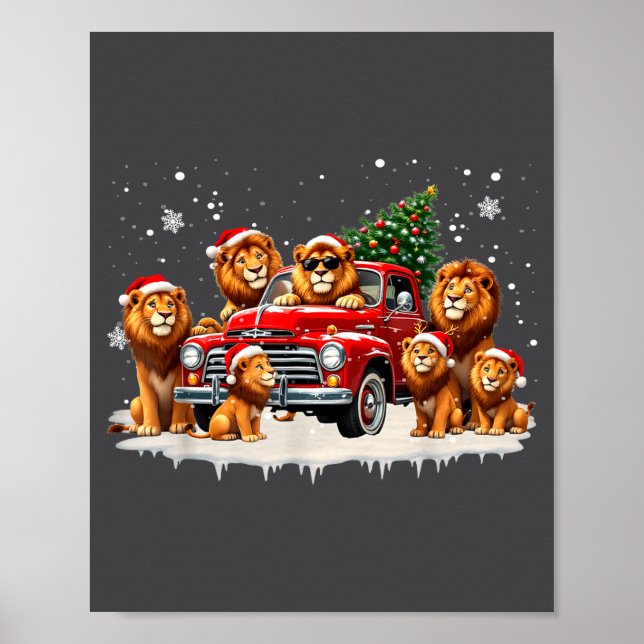 Poster Funny Lion Riding Christmas Tree Truck Christmas  (Frente)