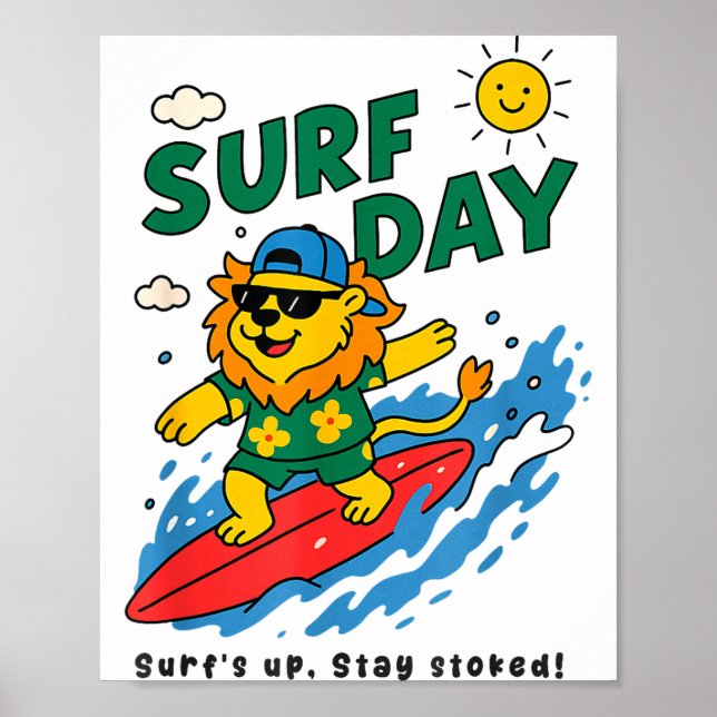 Poster Funny Lion Surfing Summer Vacation Surf Day Boys G (Frente)