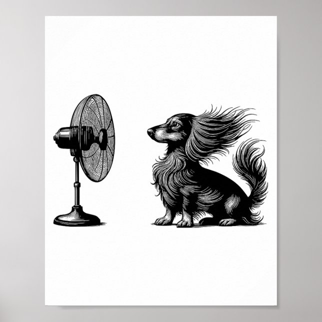 Poster Funny Long Haired Dachshund Dog With Fan Doxie Wie (Frente)