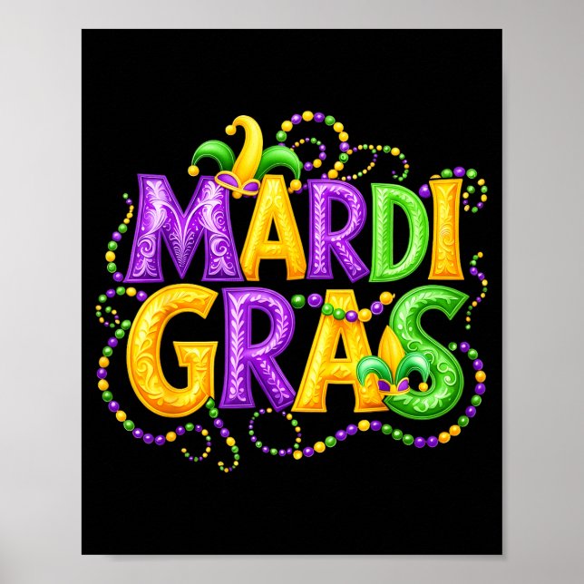 Poster Funny Mardi Gras Parade Jester Hat Beads Men Women (Frente)