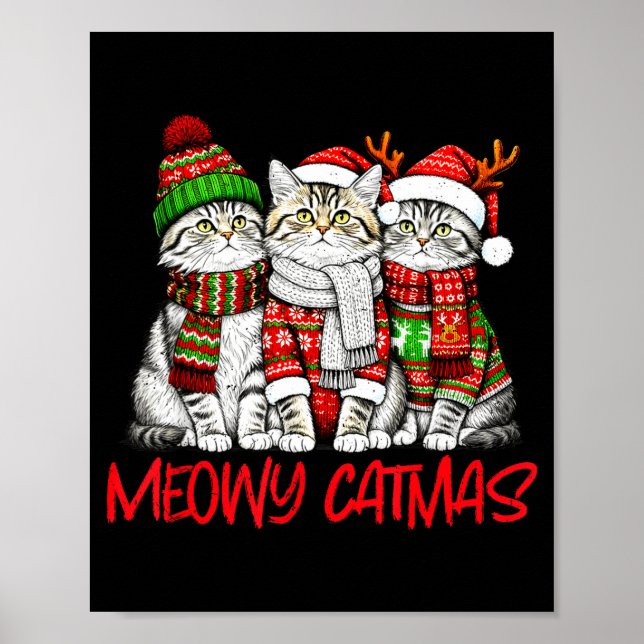 Poster Funny Meowy Catmas Christmas Cats Ugly Sweater Gra (Frente)