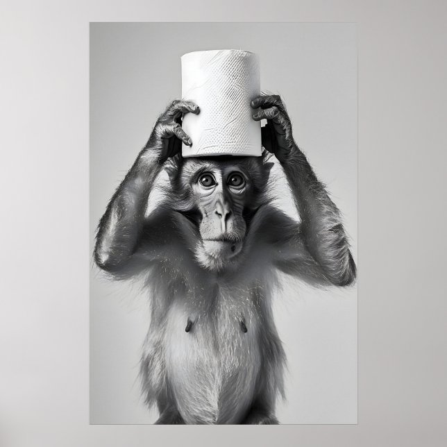Poster Funny Monkey Bathroom Print, Toilet Paper Hat (Frente)