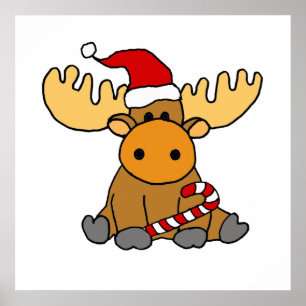 Poster Funny Moose in Santa hat Christmas Cartoon