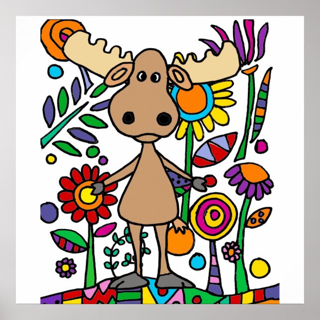 Poster Funny Moose na Abstrato de Arte do Jardim Flor (Frente)