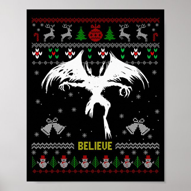 Poster Funny Mothman Ugly Christmas Sweater Believe Crypt (Frente)