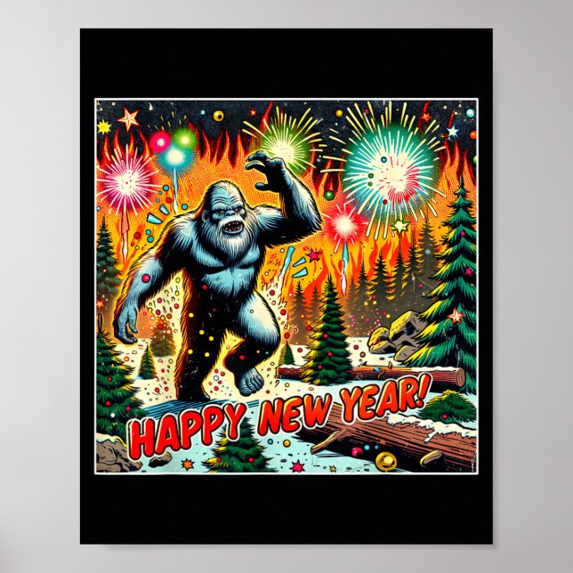Poster Funny New Years Eve 2024 Bigfoot And Fireworks Hum (Frente)
