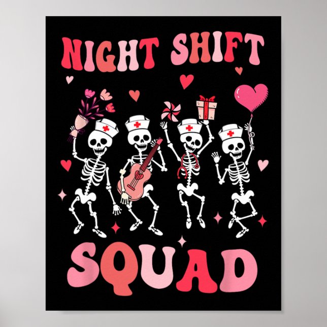 Poster Funny Night Shift Squad Nurses Skeleton Dancing Va (Frente)