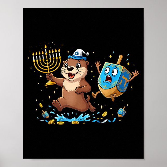 Poster Funny Otter Dreidel Menorah Hanukkah Kids Womens M (Frente)