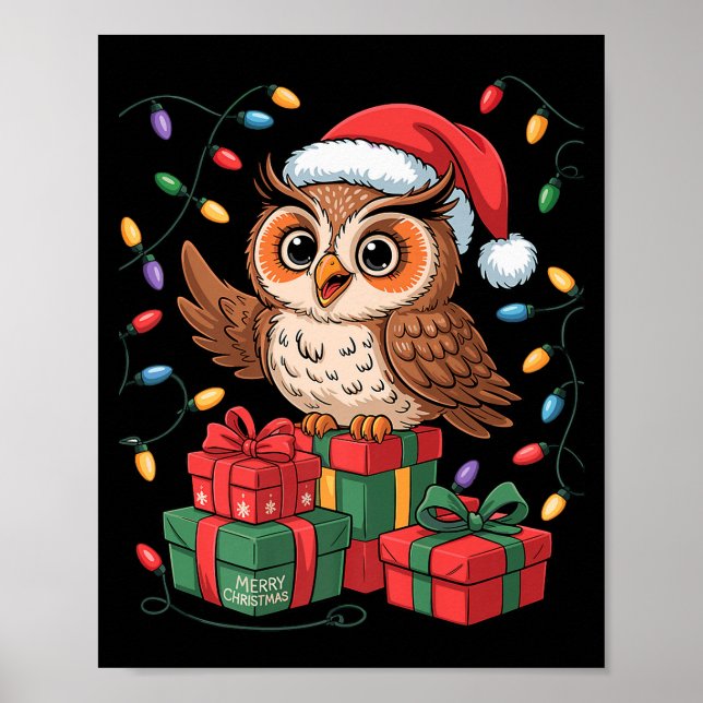 Poster Funny Owl Santa Hat Animals Lovers Ugly Christmas  (Frente)