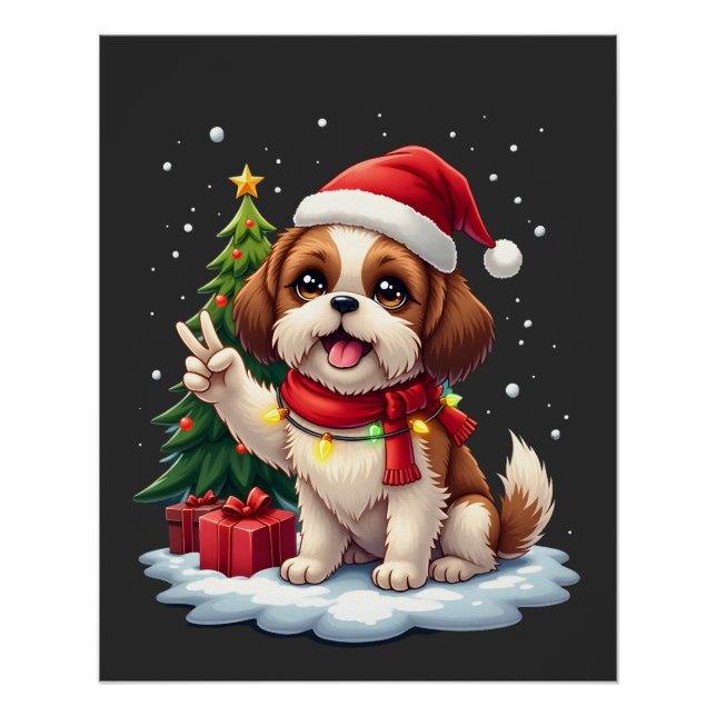 Pôster Funny Peace Hand Shih Tzu Christmas Lights Womens  (Frente)