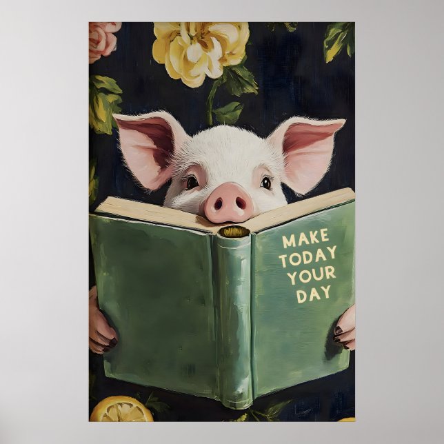 Poster Funny Pig Reading Book – Whimsical Farmhouse (Frente)