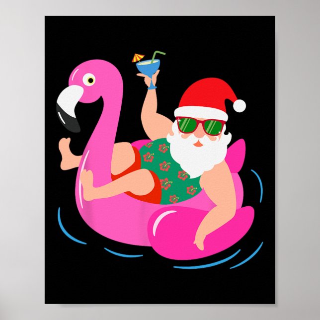 Poster Funny Pool Party Santa Sungles Flamingo Christmas  (Frente)