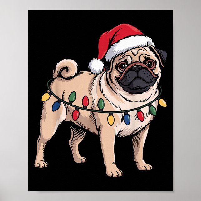 Poster Funny Pug Christmas Santa Hat Xmas Lights  (Frente)
