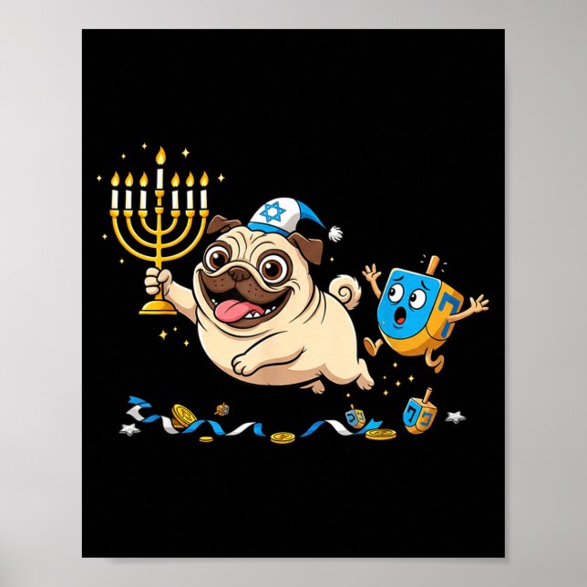 Poster Funny Pug Dreidel Menorah Hanukkah Kids Womens Men (Frente)