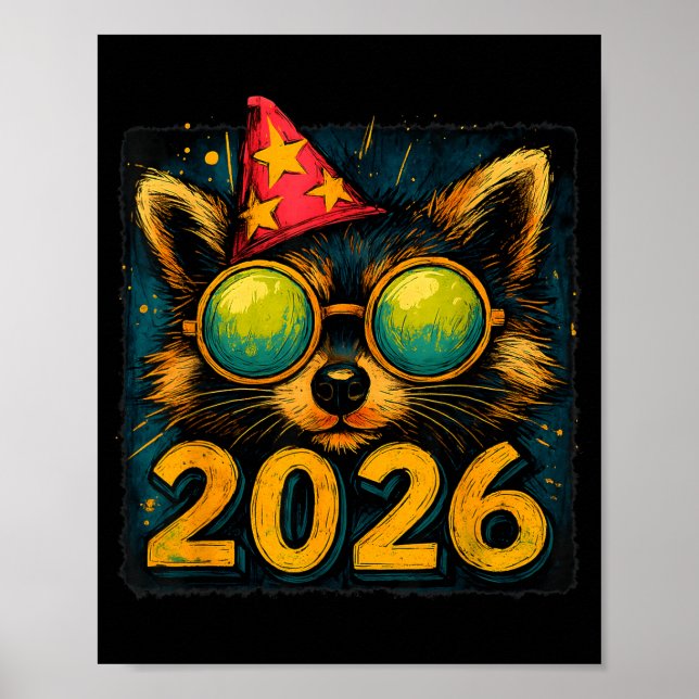 Poster Funny Raccoon 2026 New Year Party Animal Celebrati (Frente)
