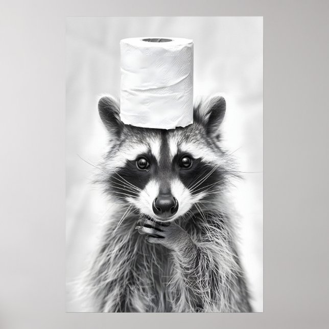Poster Funny Raccoon Bathroom Print, Toilet Paper Hat (Frente)