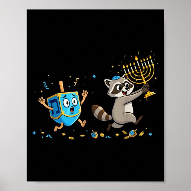 Poster Funny Raccoon Dreidel Menorah Hanukkah Kids Womens (Frente)