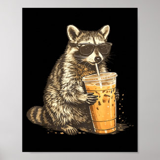 Poster Funny raccoon drinking iced coffee animal meme men