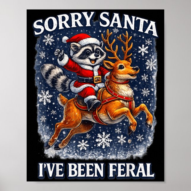 Poster Funny Raccoon Riding Reindeer Sorry Santa Christma (Frente)
