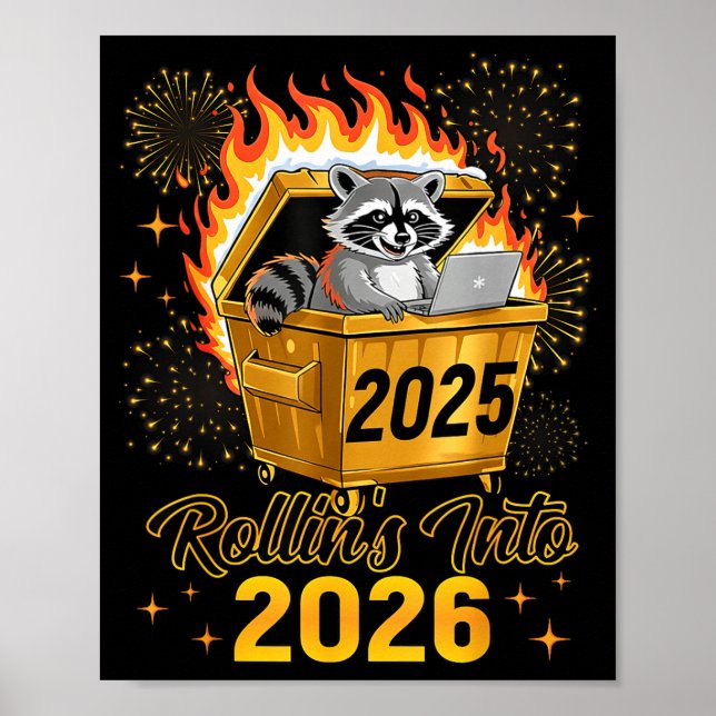 Poster Funny Raccoon Rollin's Into 2026 New Year Matching (Frente)
