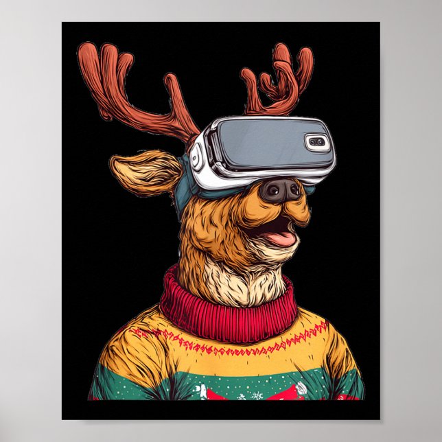 Poster Funny Reindeer In Christmas Sweater And Vr Headset (Frente)