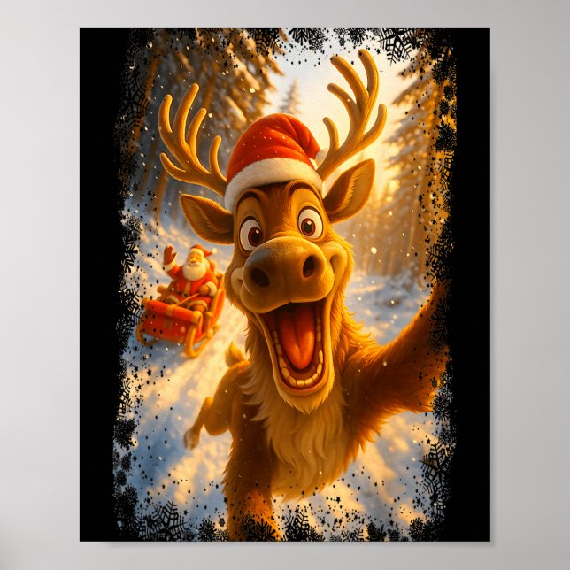 Poster Funny Reindeer Selfie Santa Merry Christmas Men Wo (Frente)