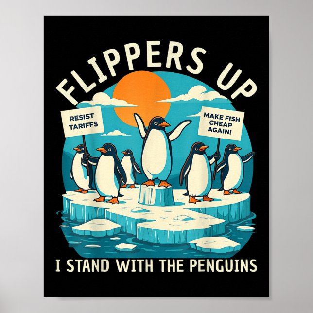 Poster Funny Resiste Pinguins Protestando Contra Tarifas (Frente)