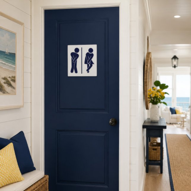Poster Funny Restroom Sign (Funny navy restroom sign displayed on a coastal bathroom door with bright seaside decor.)