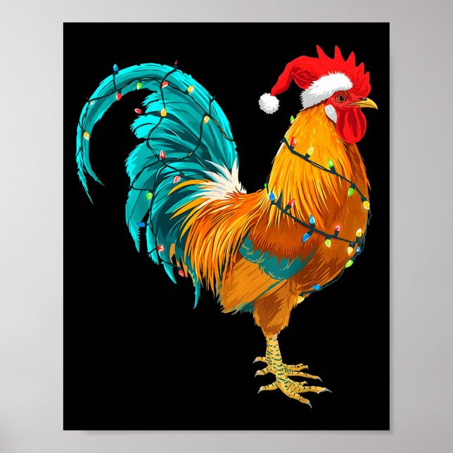 Poster Funny Rooster Chicken Santa Christmas Lights Farme (Frente)