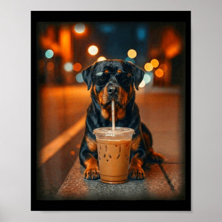 Poster Funny rottweiler drinking iced coffee lover dog