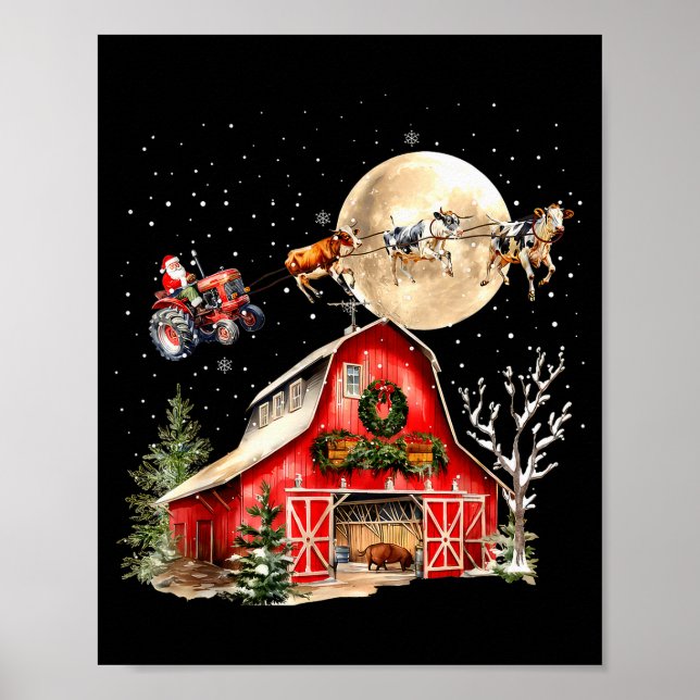 Poster Funny Santa Claus Tractor Cows Farm Farmer Christm (Frente)