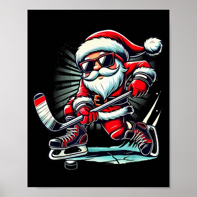 Poster Funny Santa Playing Ice Hockey Lovers Boys Girls C (Frente)