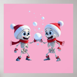 Poster Funny Santa Skeletons Having a Snowball Fight