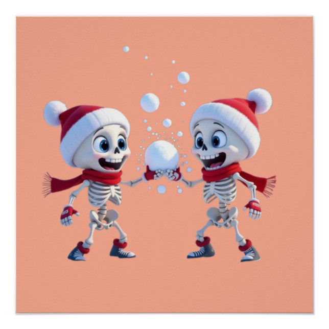 Pôster Funny Santa Skeletons Having a Snowball Fight  (Frente)