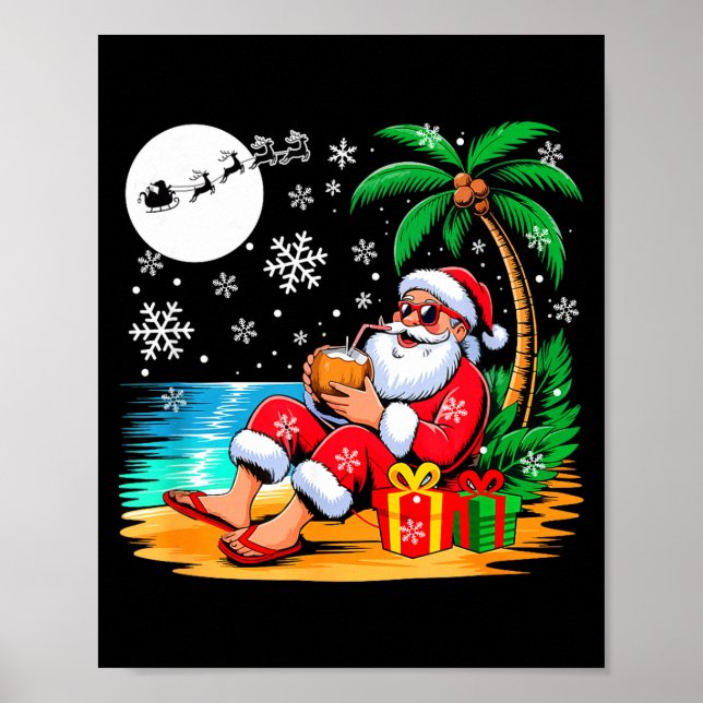 Poster Funny Santa Sungles Drinking Coconut On Beach Chri (Frente)