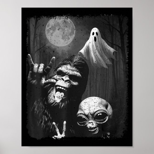 Poster Funny Sasquatch &amp; Alien Rock On Hand Sign Ghos (Frente)
