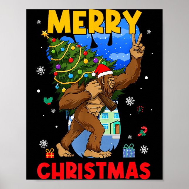 Poster Funny Sasquatch Santa Bigfoot Christmas Tree Xmas  (Frente)
