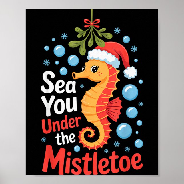 Poster Funny Sea Horse Christmas Seahorse Santa Hat Kids  (Frente)
