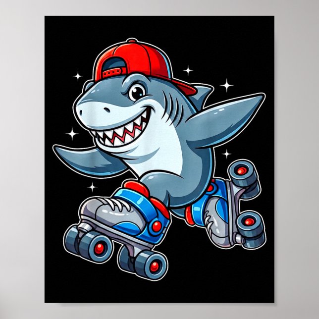 Poster Funny Shark On Roller Skates Cute Cool Skater Anim (Frente)