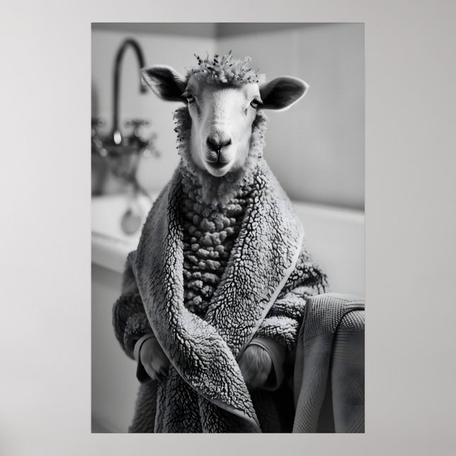 Poster Funny Sheep in Bathrobe Art, Quirky Bathroom Print (Frente)