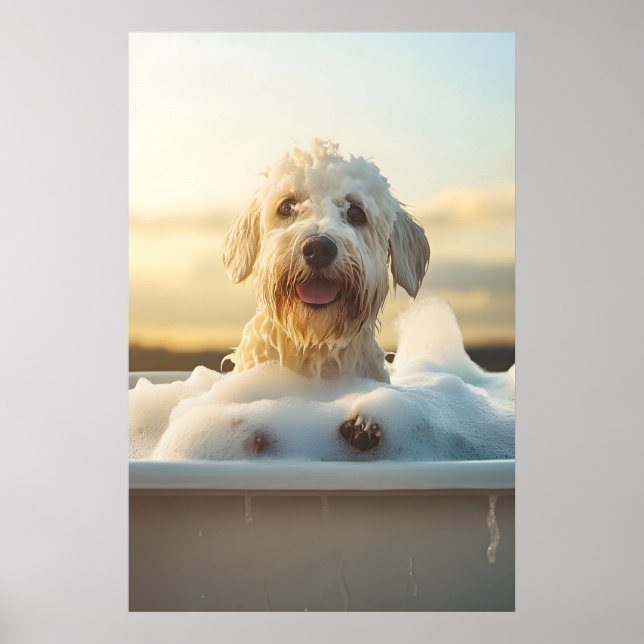 Poster Funny Sheepdog Bubble Bath Art, Quirky Dog Print (Frente)