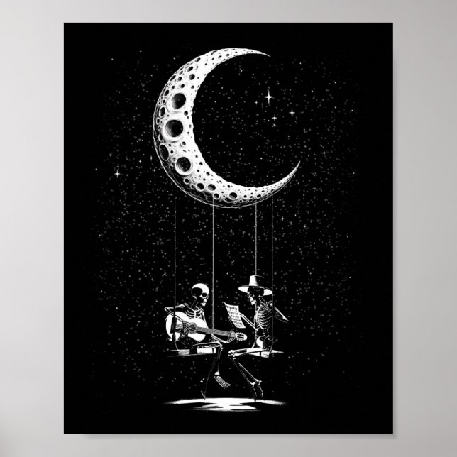 Poster Funny Skeleton Casal Moon tocando guitarra Hallowe (Frente)