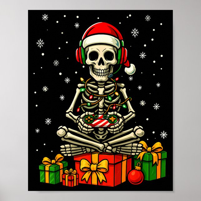 Poster Funny Skeleton Game Controller Xmas Lights Men Wom (Frente)