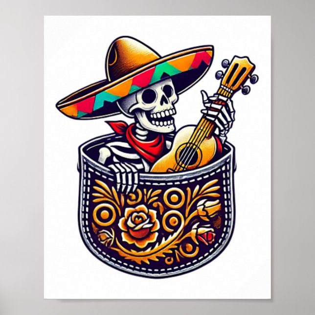 Poster Funny Skeleton Mariachi Guitarra Cinco De Maio (Frente)