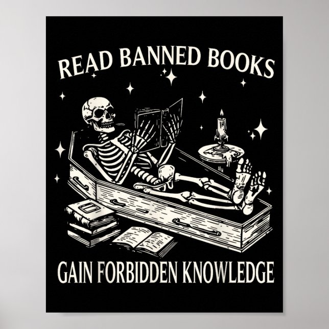 Poster Funny Skeleton Read Banned Books Gain Forbidden Kn (Frente)